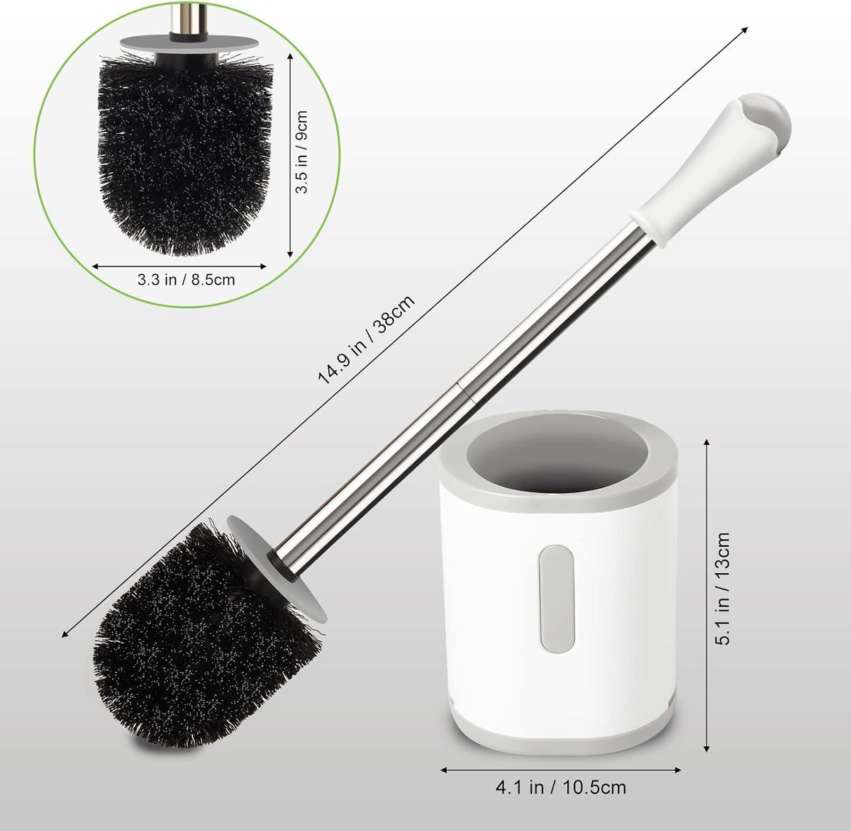 Toilet Brush and Holder Set, 3 Pack with Stainless Steel Handle Toilet Bowl Brush, Compact Toilet Scrubber Brush for Deep Cleaning Bathroom Restroom, Easy to Assemble White & Gray