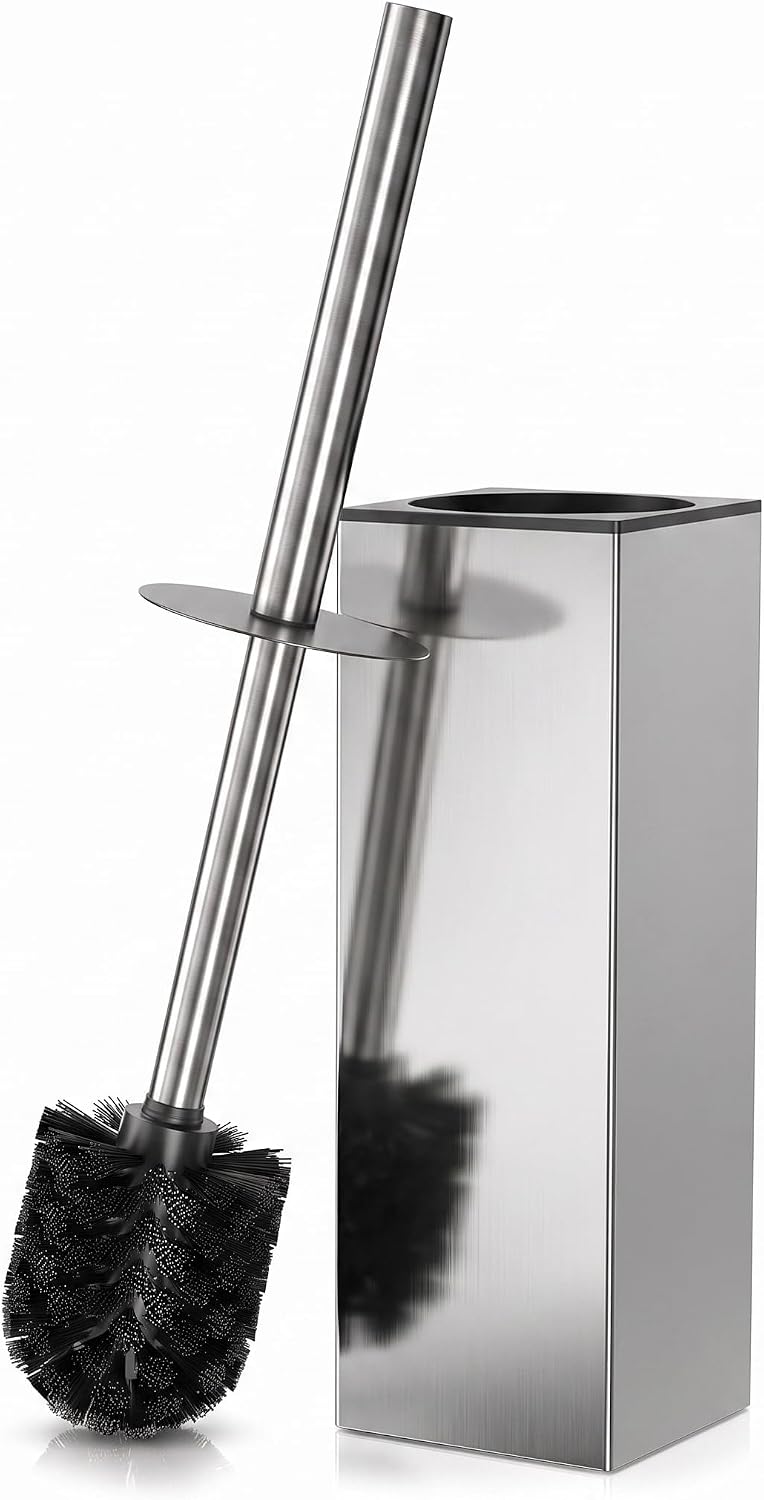 Silver Toilet Brush and Holder Set, Freestanding (Square Shape)