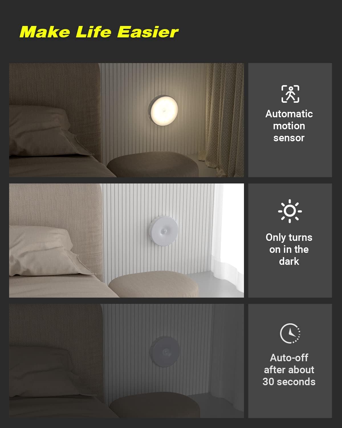 Motion Sensor Night Light Indoor, Rechargeable Small Led Closet Light, Wireless Activated Sensored Smart Cabinet Lights for Under Cabinet, Hallway, Stairway, Kitchen(Warm White, 3Pack)