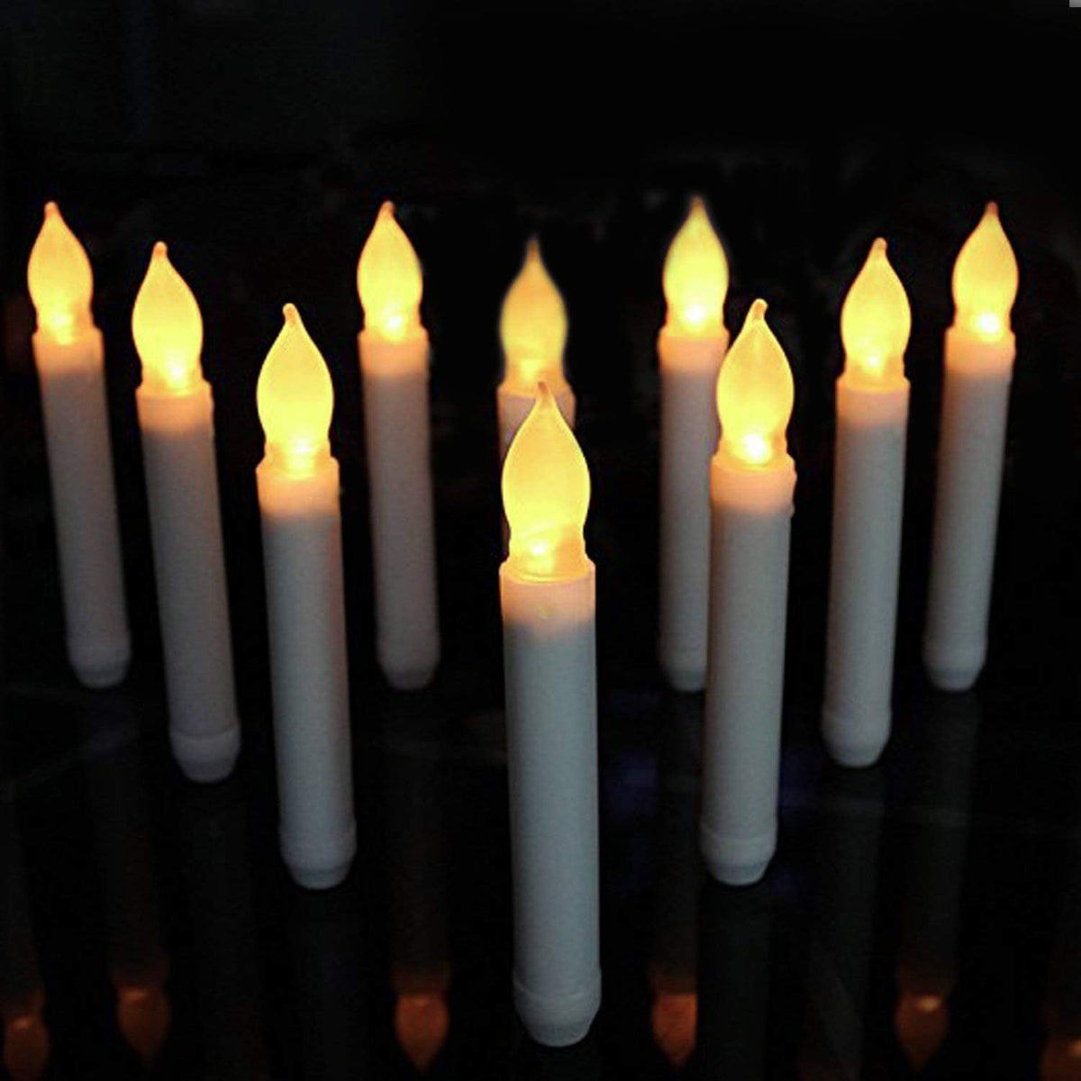 Plastic Art Deco Taper Candles, Set of 12 Warm White, Flameless LED, Battery Operated, Realistic Flickering, Ideal for Decoration, Weddings, Birthday Party