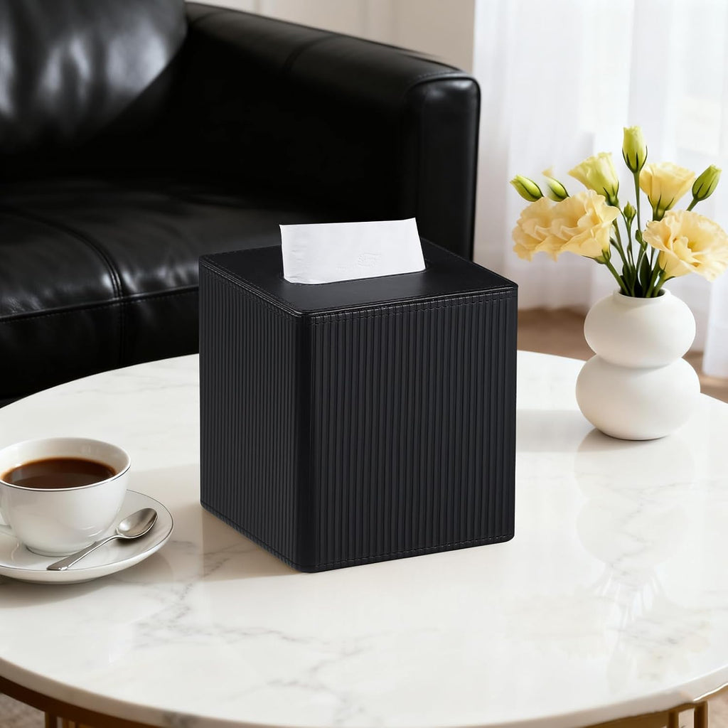 PU Leather Square Tissue Box Cover Tissue Box Holder Cube (Black)