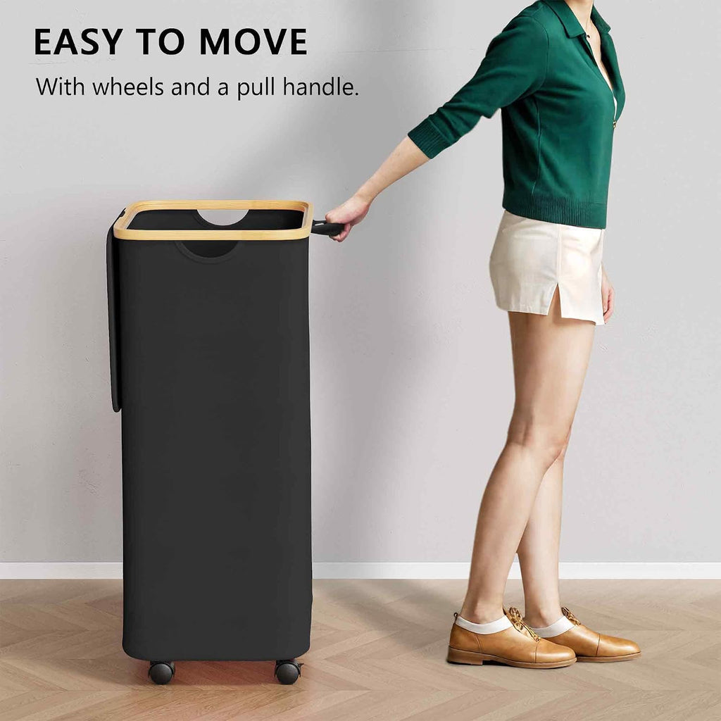SUOCO Laundry Hamper on Wheels 100L, Clothes Basket with Lid and Bamboo Handles, Foldable Laundry Hamper for Bedroom, Bathroom, Dorm, Laundry Room - Black