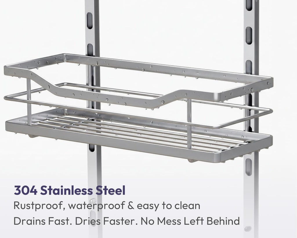 SWTYMIKI Over the Door Shower Caddy - 3 Tier Adjustable Shower Organizer Hanging with Soap Holder, No Drilling Stainless Steel Bathroom Rack Hanging for Body Wash, Shampoo, Soap, Razor, Silver