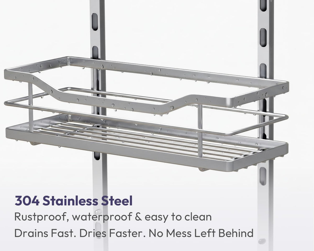 SWTYMIKI Over the Door Shower Caddy - 3 Tier Adjustable Shower Organizer Hanging with Soap Holder, No Drilling Stainless Steel Bathroom Rack Hanging for Body Wash, Shampoo, Soap, Razor, Silver