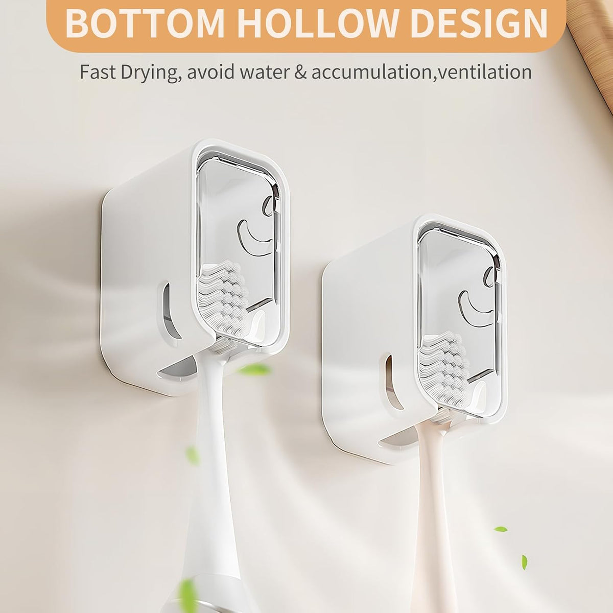 Wall Mounted Toothbrush Holders for Bathroom,Strong Self Adhesive Tooth Brush Holder with Cover, Toothbrush Heads Organizer for Family, Clear White - 2 Pcs