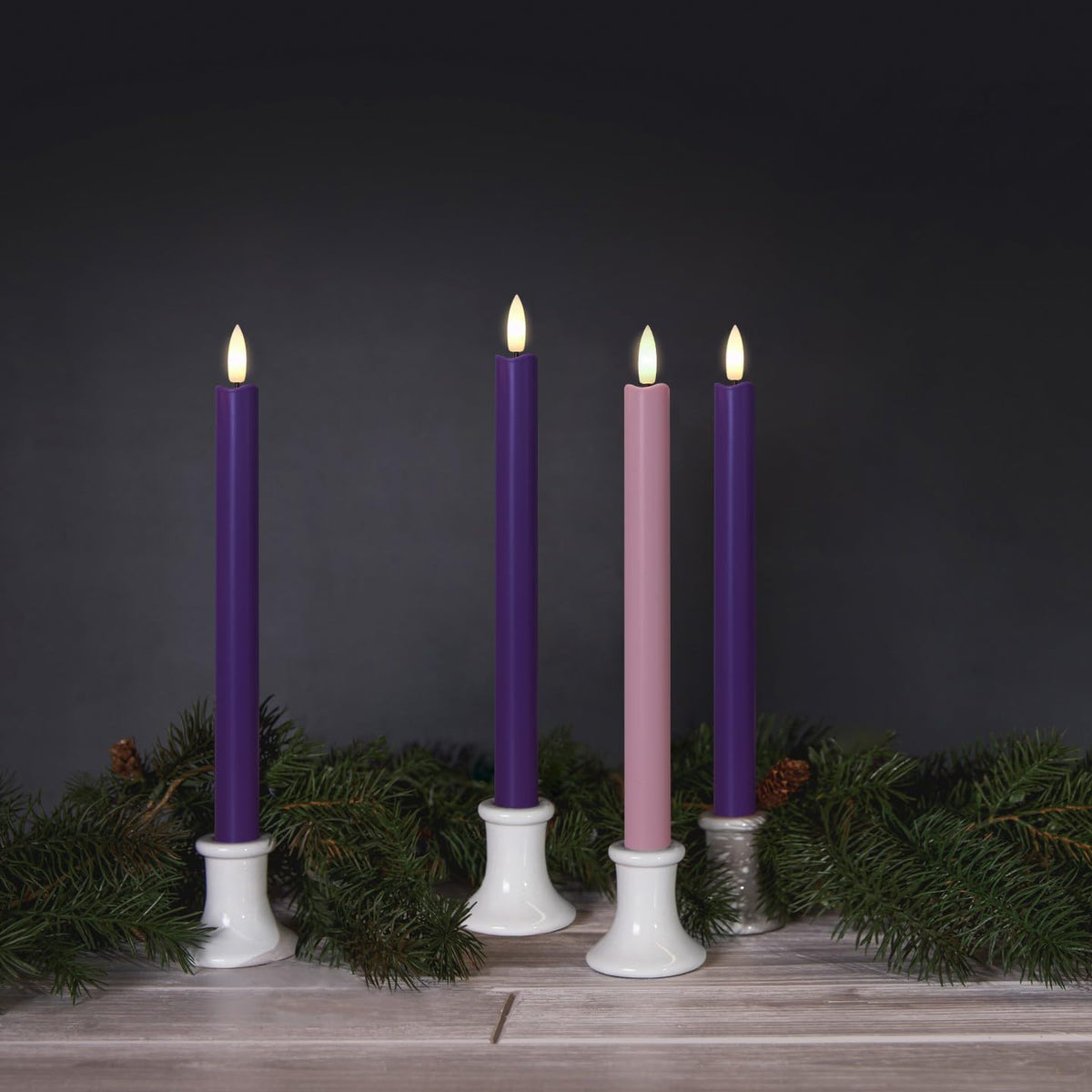 Stmarry Flameless Advent Candles, Set of 4 - Flickering LED Flame, 10 Inch Taper Candlesticks, Remote Controlled, Purple and Pink Color for Christmas Wreath