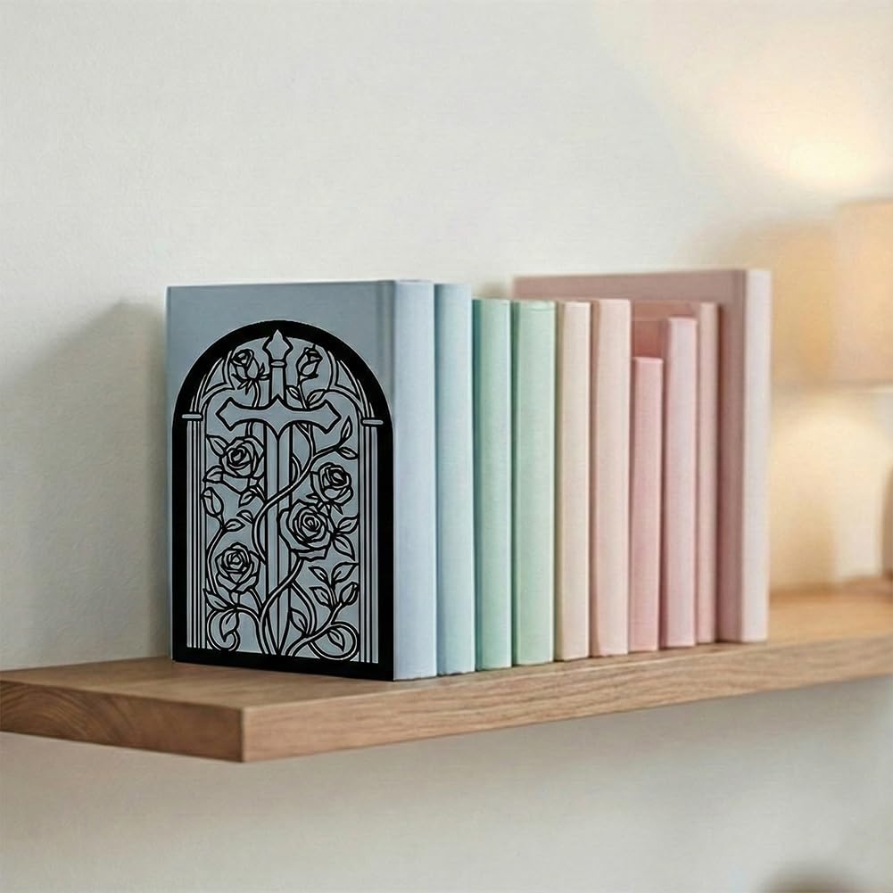 Bookends for Shelves, 2 Pcs Rose Flower Sword Design Book Ends Metal Decorative Bookends for Home Office and Library, Black