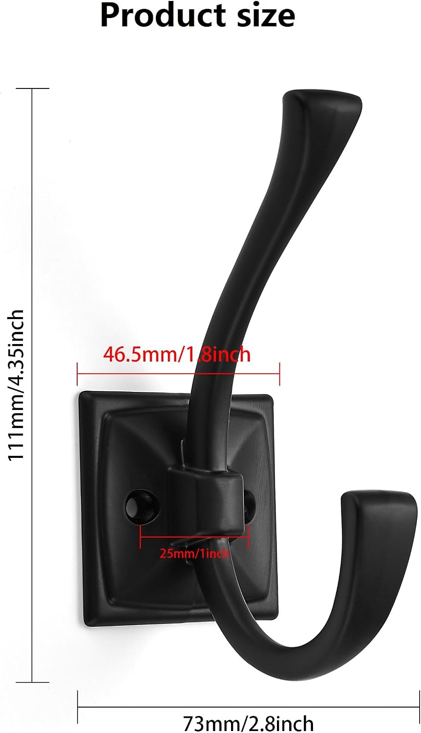 2 Pack Decorative Heavy Duty Towel Hooks for Hanging Robe Double Matte Black Coat Hooks Wall Mounted with Screws for Key, Towel, Bags, Cup, Hat