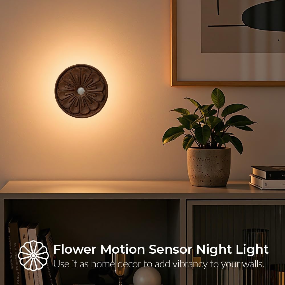 Wood Flower Night Light, Rechargeable Motion Sensor Light