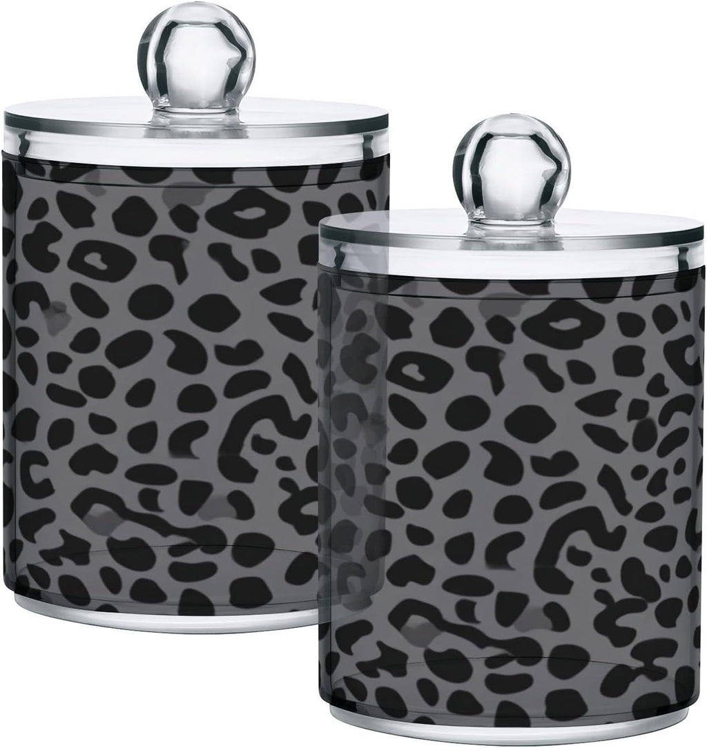 Black Leopard Print Qtip Holder Apothecary Jars Bathroom Storage Floss Makeup Organizer for Cotton Ball Swab Acrylic 2 Packs