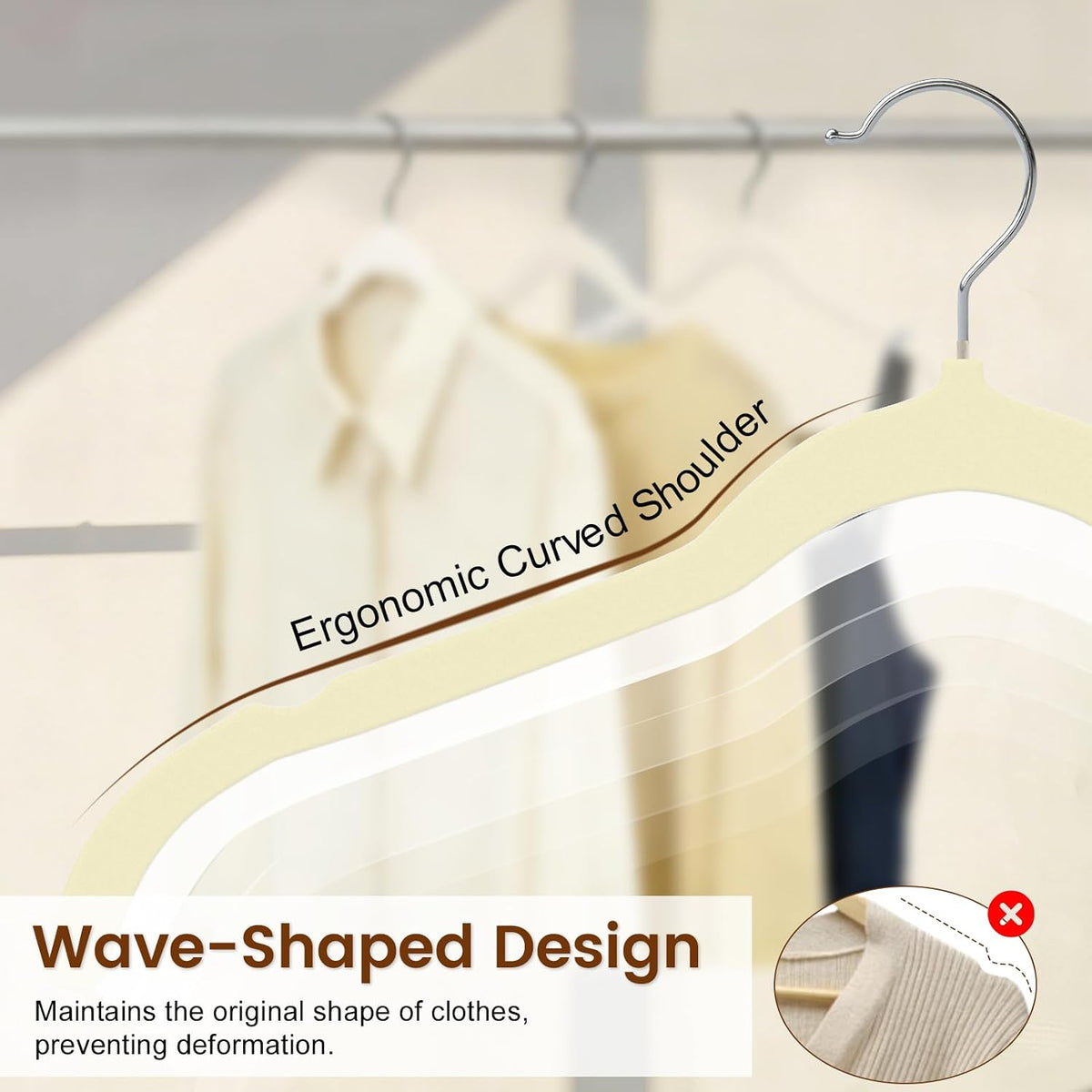 Velvet Shirt Hangers 30 Pack, No Shoulder Bumps for Clothes (Ivory)