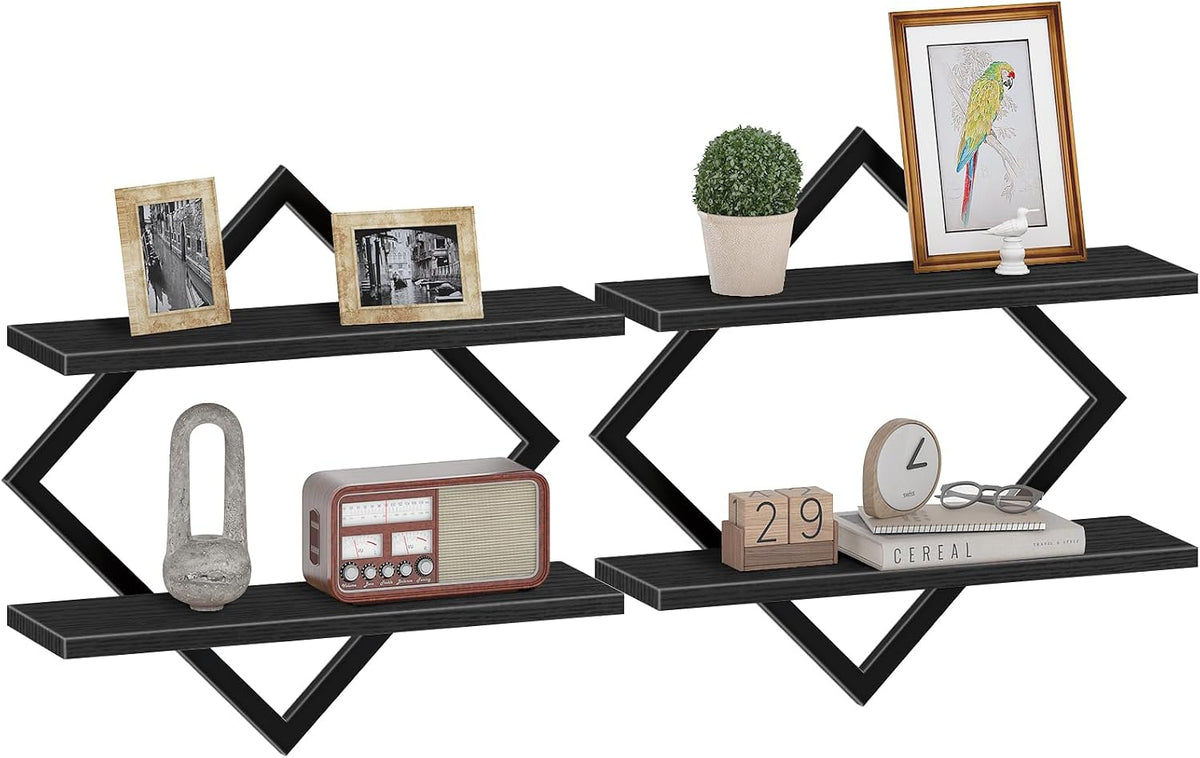 CHOEZON Floating Shelves, Set of 2 Wall Shelves, 2-Tier Hanging Shelves, Wall Shelf Set of 2, Wall Mounted Shelves, for Living Room, Bedroom, Kitchen, Office, Study, Black TBJ01P2BB