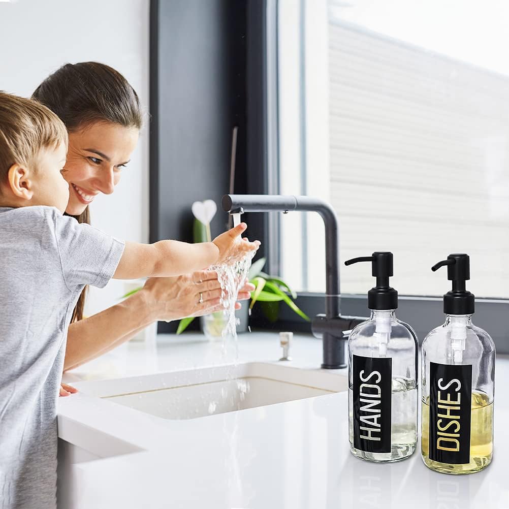 JASAI 2Pack 18OZ Glass Soap Dispenser with Black Hand & Dish Printed Label