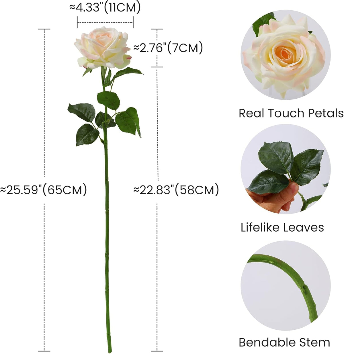 Real Touch Artificial Roses, 5Pcs Light Champagne Faux Silk Flowers