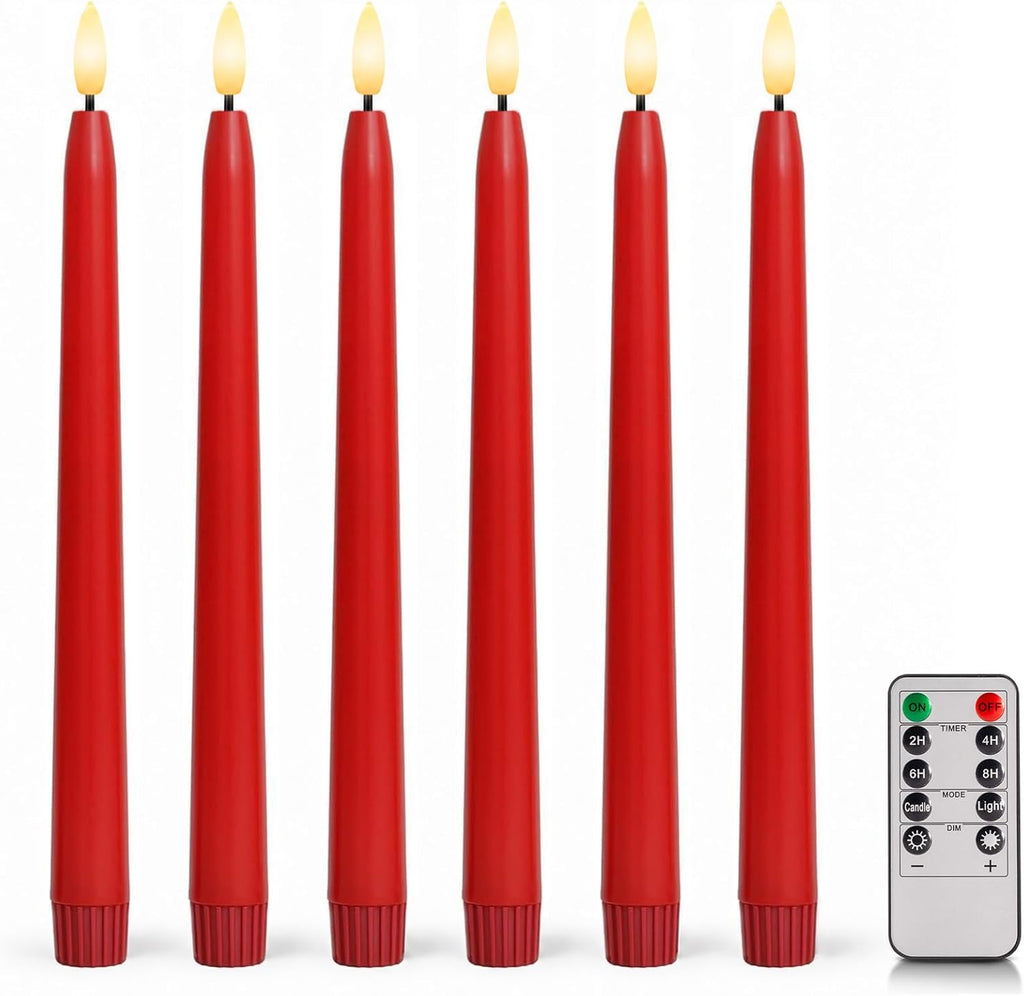 Red Flameless Taper Candles, Battery Operated Christmas Candles with Remote