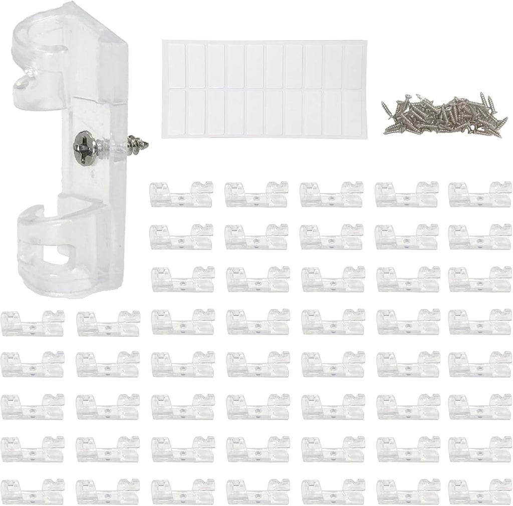 Uxon 50 Pack 1/5 Inch Clear Rope Light Clips with Stainless Steel Screws, Invisible Soft Plastic Mounting Kit with Adhesives Pads for Outdoor Christmas Lights, Cable Clamps for Wire Management