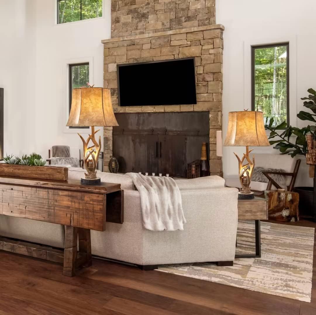 Dungoo 26" Rustic Antler Table Lamps Set of 2 for Bedroom with 2 USB Ports