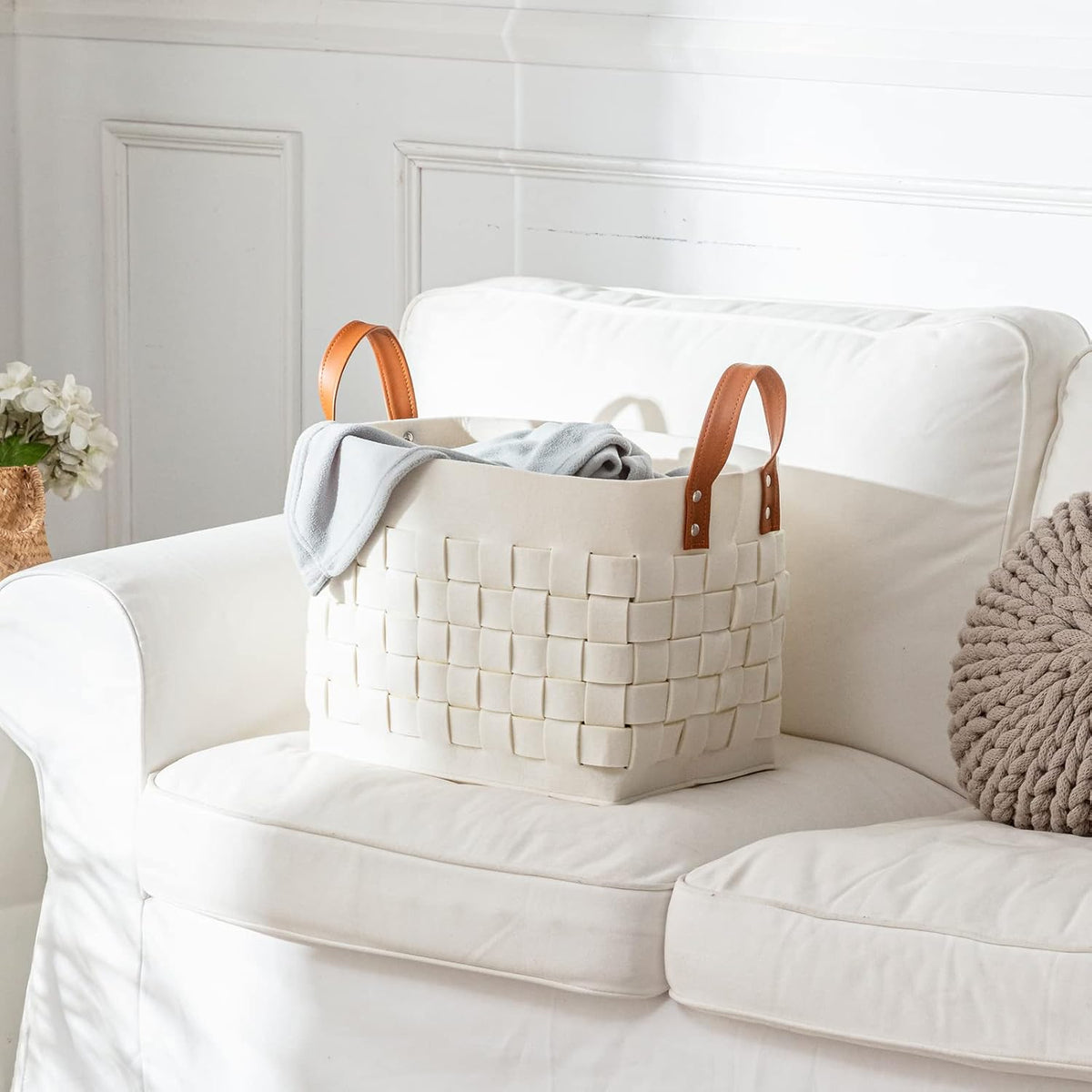 boldmonkey Blankets Basket 15 " x13 x11 2 Pack, Large Rectangular Laundry Hamper with Leather Handle, Soft Dog Toy Basket for Storage-Beige