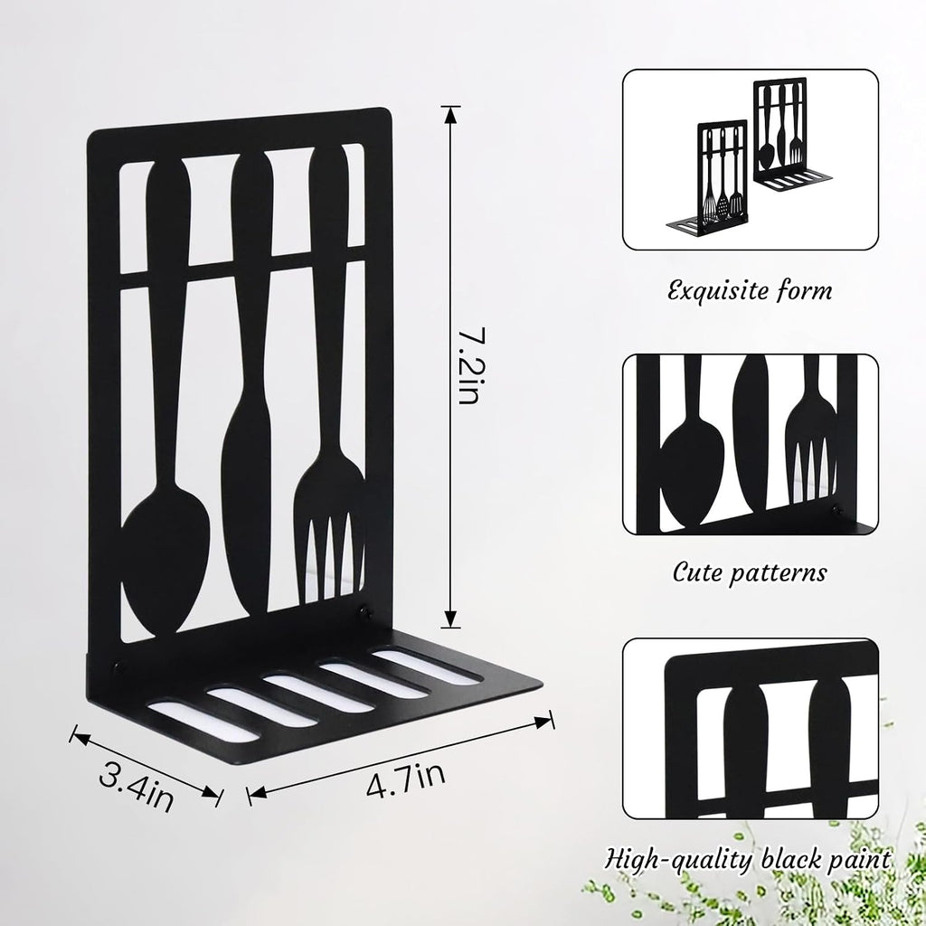 Bnesi Black Metal Bookends, Cookbook Organizer for Kitchen Shelves