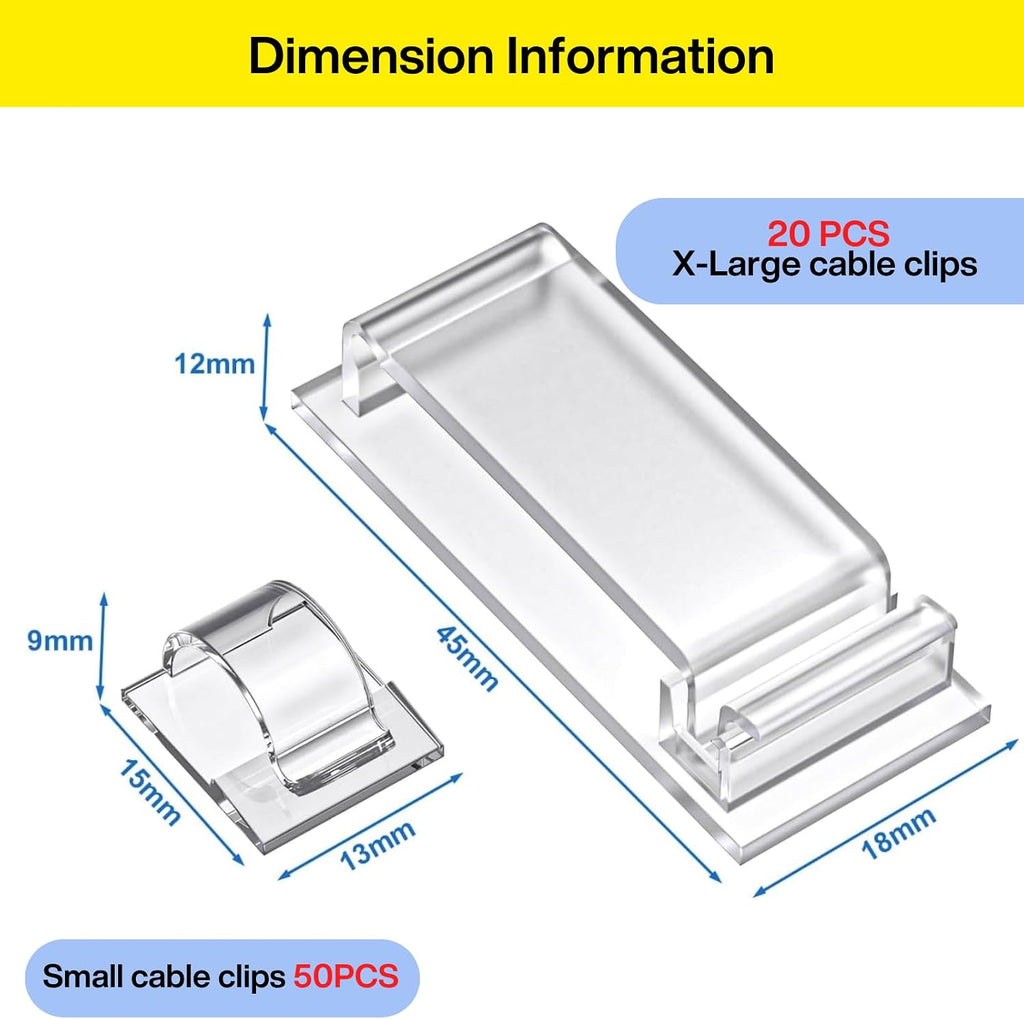 [70 Pcs] Adhesive Cable Clips, Cable Management Clips to Keep Desk Clean, Cord Clips Include 50 Small & 20 Large Adhesive Cable Organizer for Desk, Wall, TV, Home Office Essentials, Clear