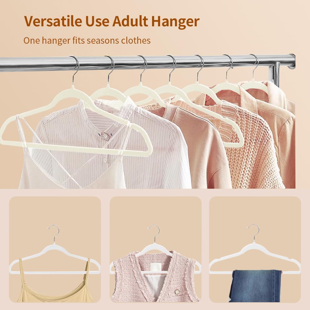 Stormix Adult Velvet Hangers Non-Slip Felt, Shoulder Notches, 36 Pack Cream