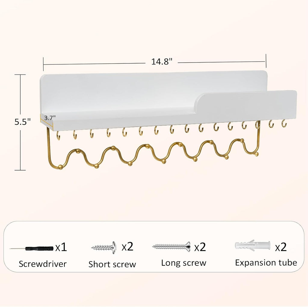 29 Hooks Wall Mount Necklace Holder Organizer, White Decorative Wood Jewelry Shelf with Gold Metal Wave Bar and Guardrail for Necklace, Pendant, Chain, Bracelet, White