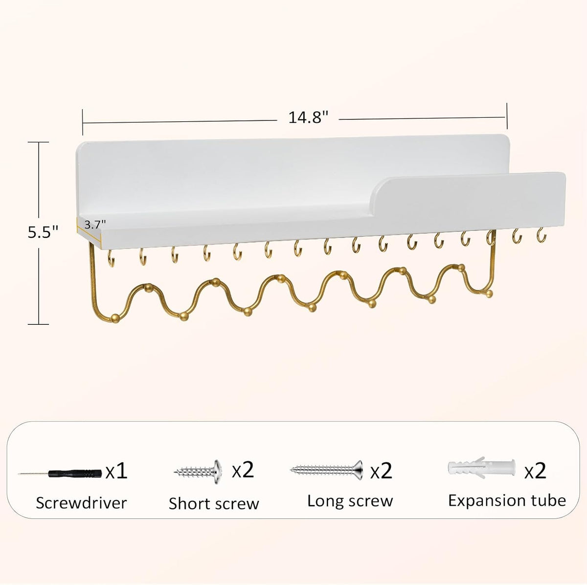 29 Hooks Wall Mount Necklace Holder Organizer, White Decorative Wood Jewelry Shelf with Gold Metal Wave Bar and Guardrail for Necklace, Pendant, Chain, Bracelet, White