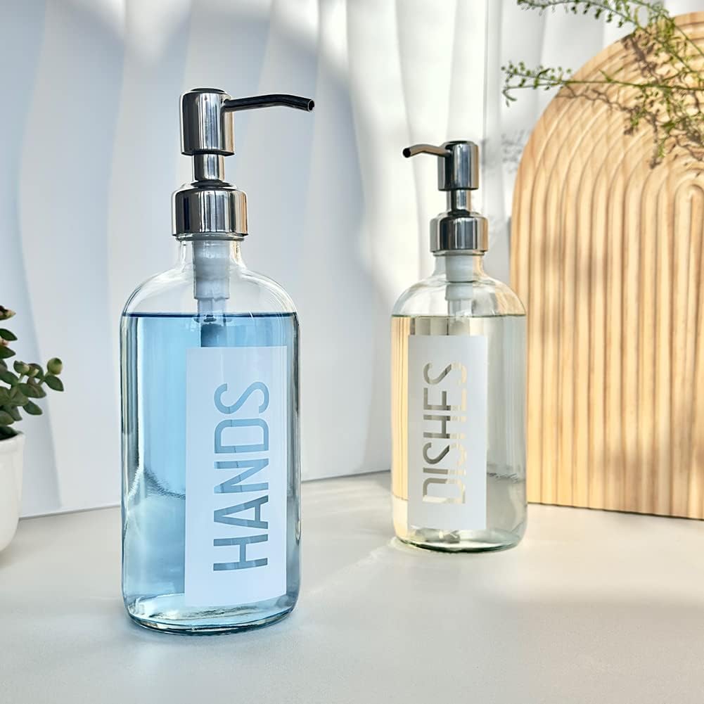 JASAI 2Pack 18OZ Glass Soap Dispenser with Hands & Dishes Printed Label.