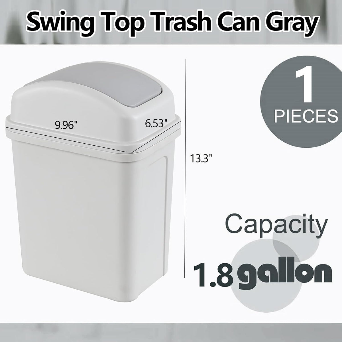 1.8 Gallon Small Swing Lid Waste Bin, Plastic Bathroom Trash Can