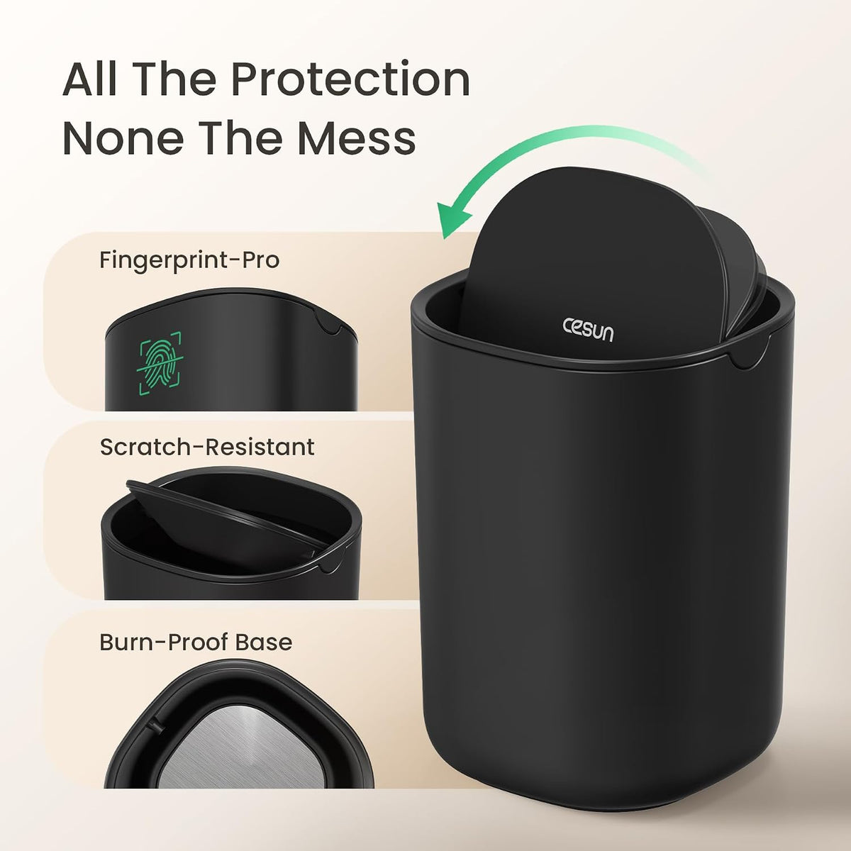 Cesun Mini Desktop Trash Can with Swing Lid, 0.4 Gal Desk Trash Can, Black