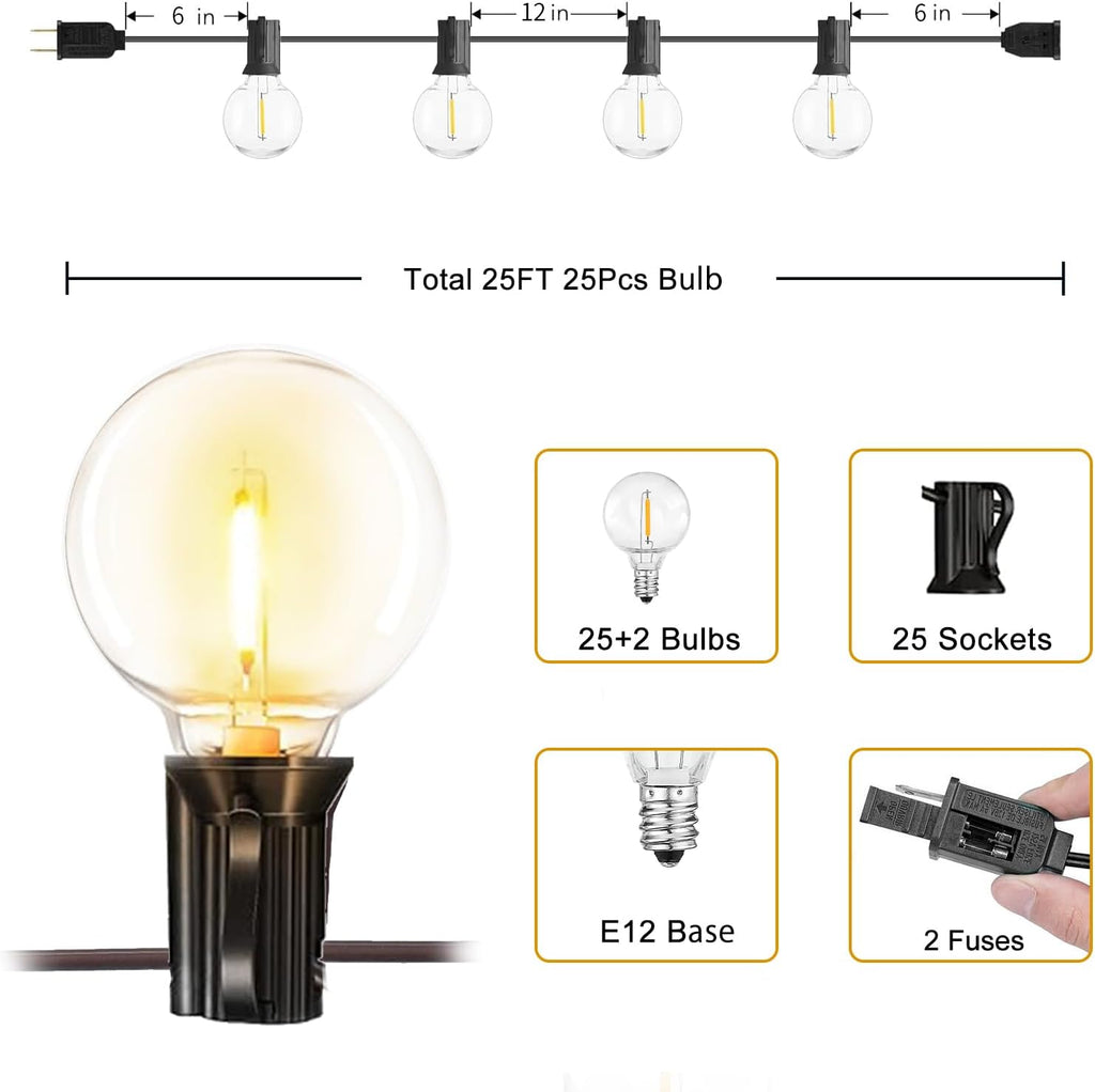 25FT Outdoor String Lights Waterproof Shatterproof G40 LED Globe