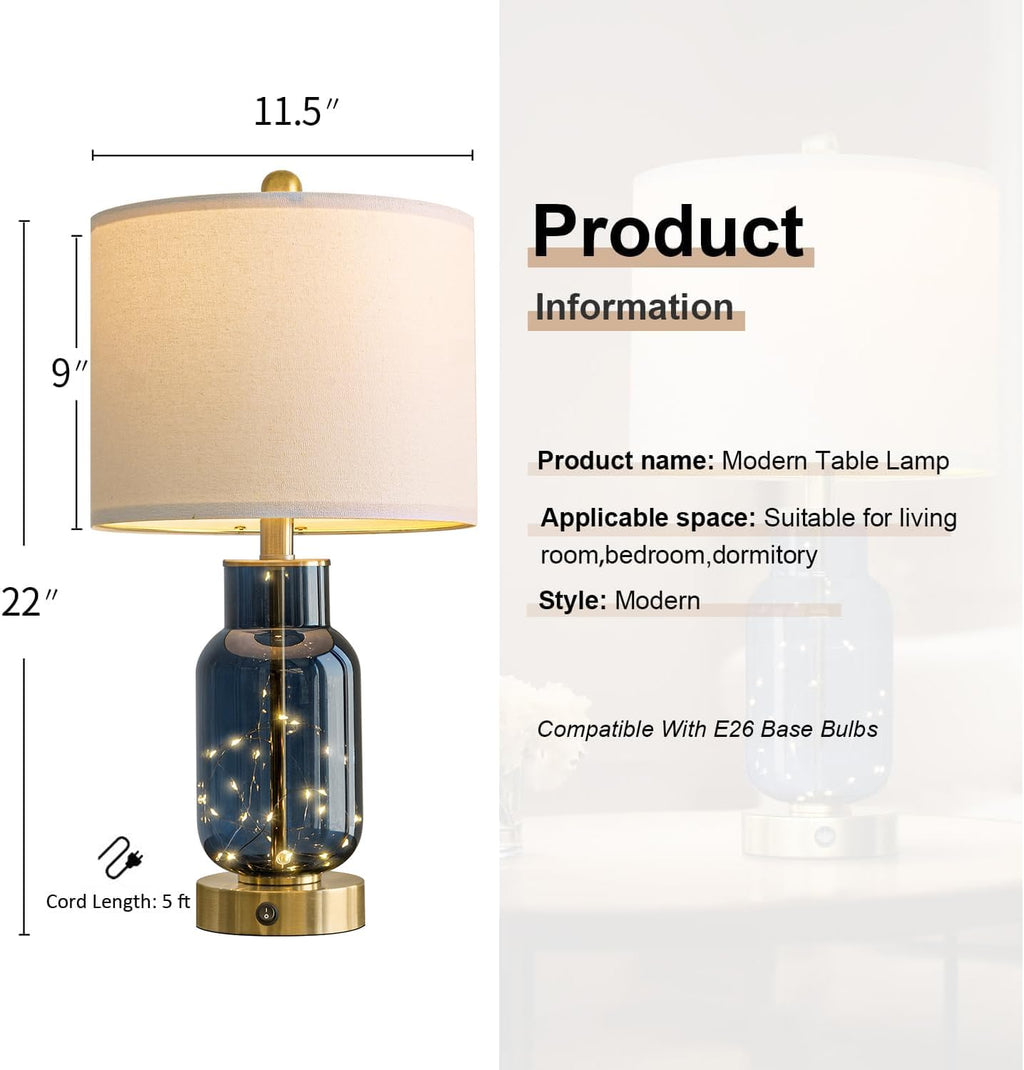 Oneach 22" Glass Table Lamps Set of 2 with LED Nightlight for Bedroom, Blue