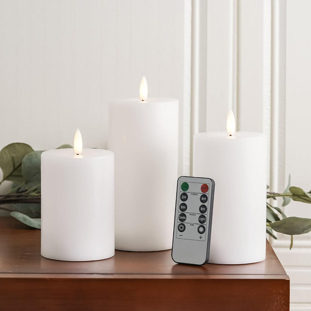 Stmarry White Flameless Candles with Remote and Timer, Real Wax Made LED Pillar Candles Battery Operated with 3D Flickering Flame - 3" x 4", 3" x 5", 3" x 6" - Set of 3