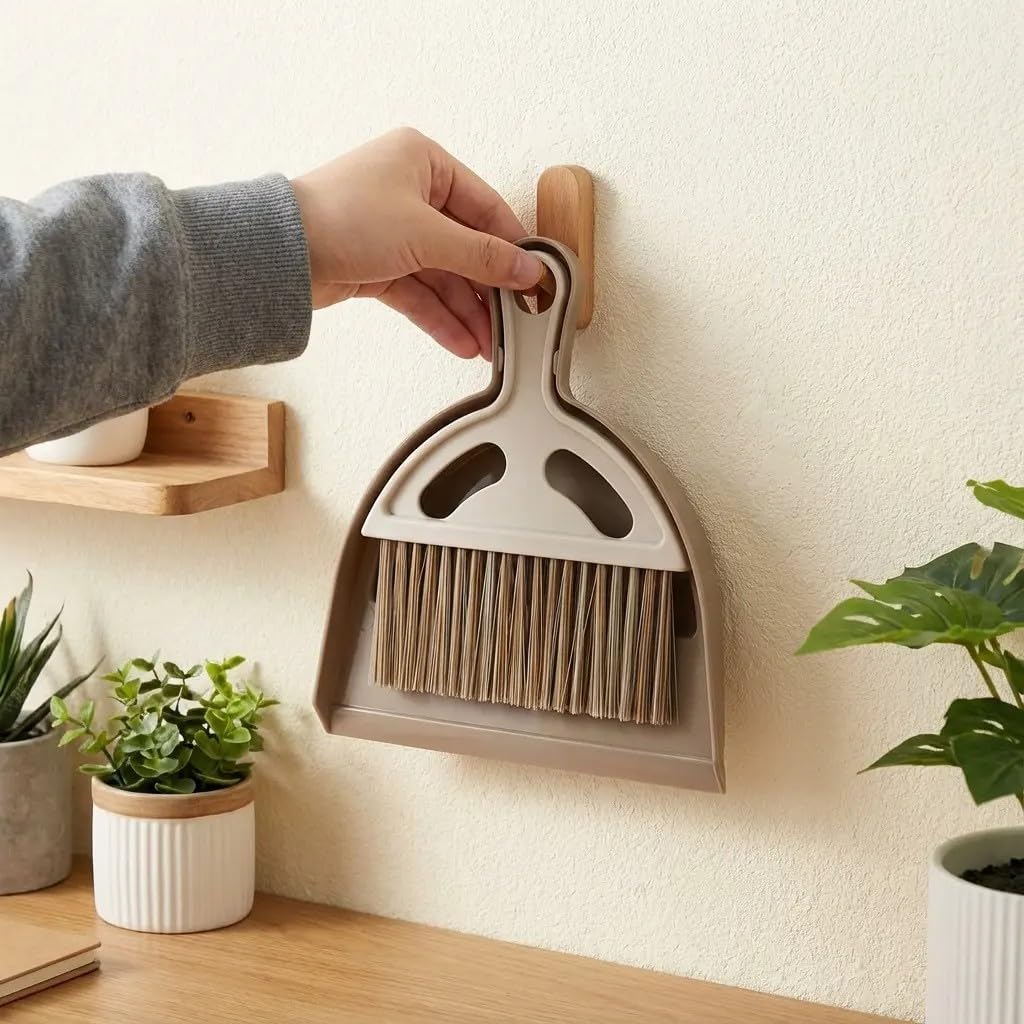 Mini Broom and Dustpan Set, Compact Hand Brush Dust Pan Combo for Desk, Keyboard, Car Interior, Countertop, Cat Litter, Small Space Cleaning, Brown