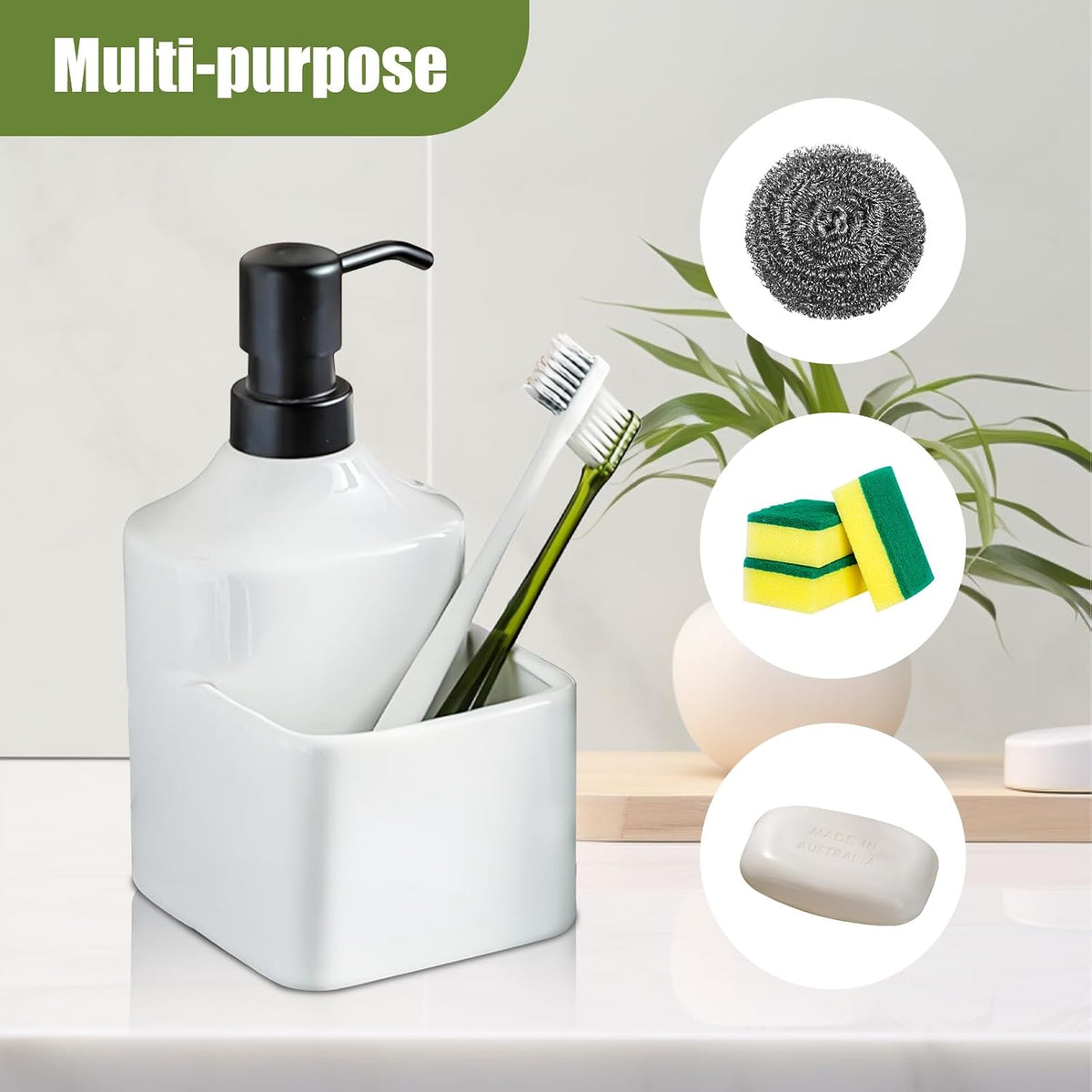 Gets Soap Dispenser White Ceramic Pump Bottle with Storage Holder