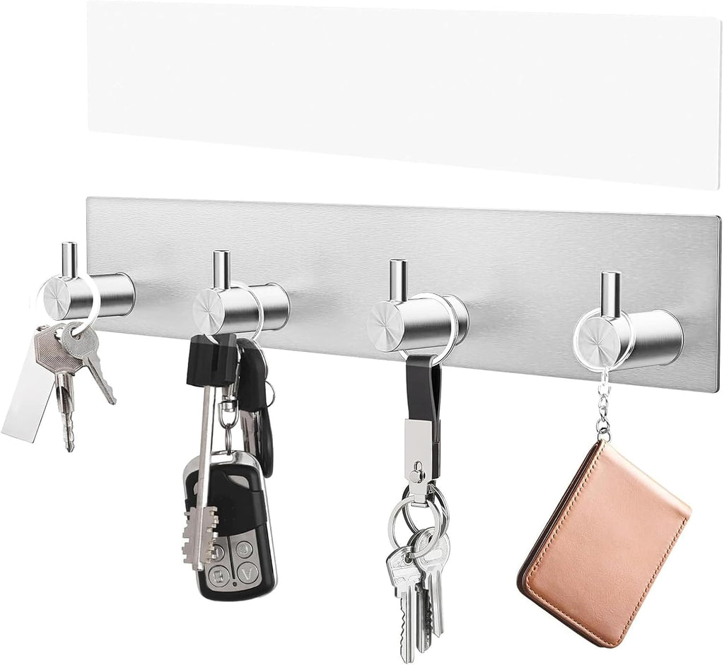 VIS'V Key Holder Wall Mount, Large Adhesive Key Hanger with 4 Hooks, Silver