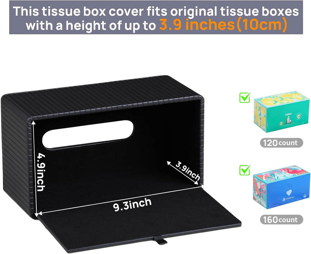 PU Leather Tissue Box Cover Rectangle (Black, Inner Height 3.9")