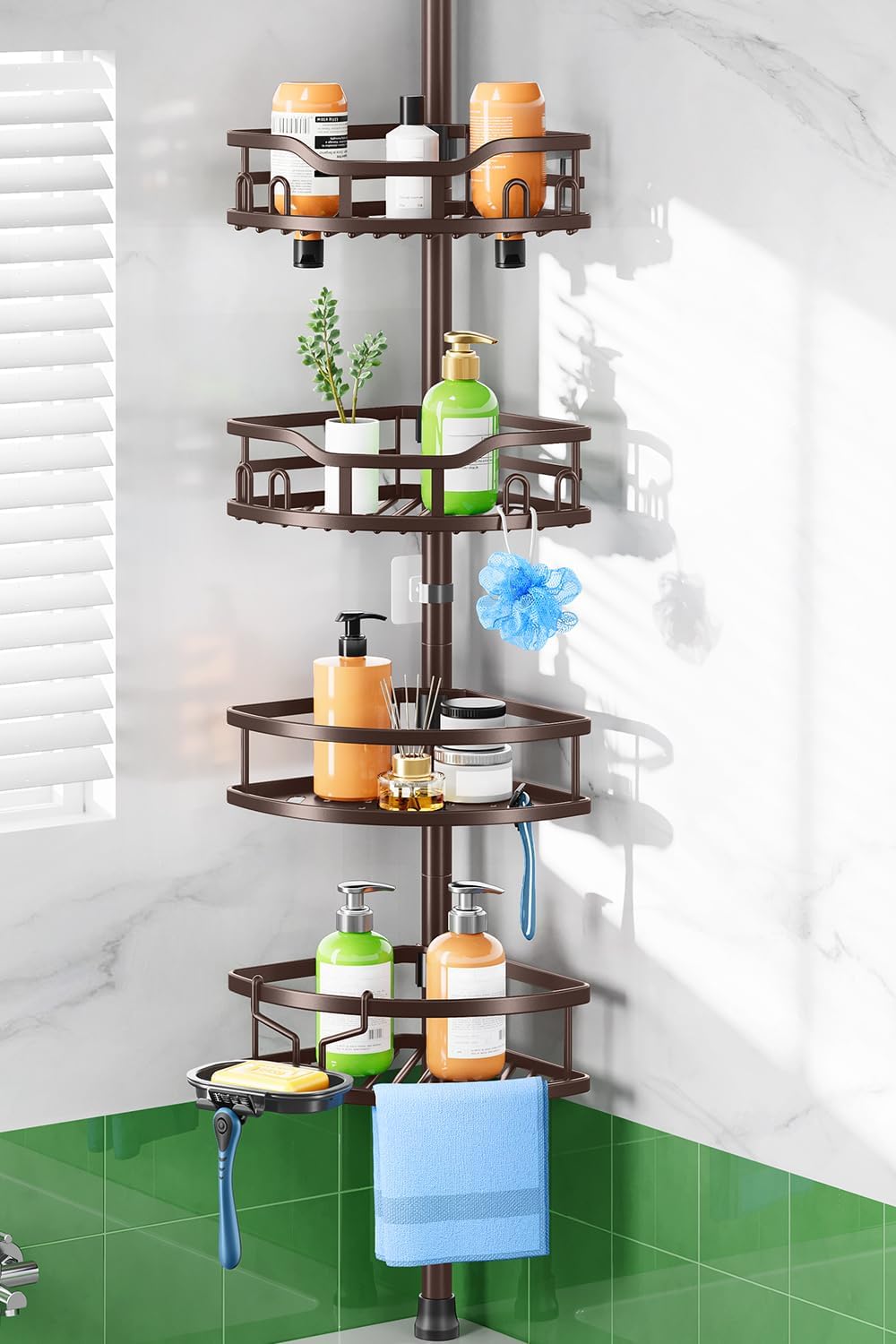 HAMITOR Shower Caddy Tension Pole, Adjustable Bathroom Storage Organizer