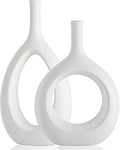 White Ceramic Hollow Elliptical Vase Set of 2 - Boho Circle Vase with Hole, for Modern White Table Decor, Living Room Decor Shelf mid Century Modern Home Entrance Decorative vase