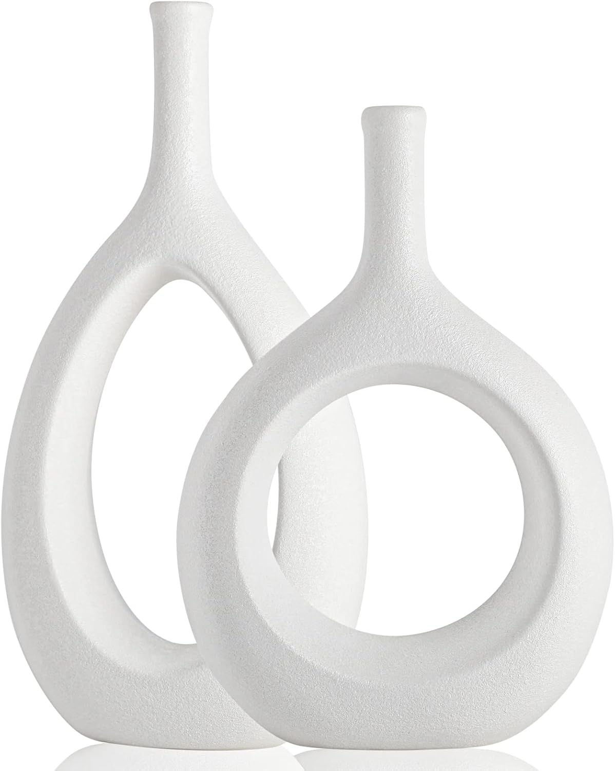 White Ceramic Hollow Elliptical Vase Set of 2 - Boho Circle Vase with Hole, for Modern White Table Decor, Living Room Decor Shelf mid Century Modern Home Entrance Decorative vase