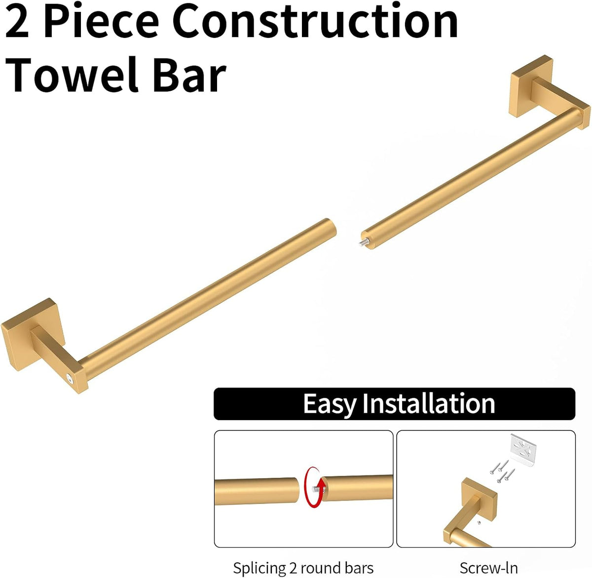 MKO Towel Bar for Bathroom, 24" 2 Pack Wall Mounted Towel Rack, Gold