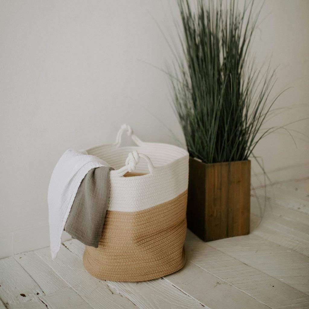 Parker Baby Co. Rope Storage Basket, Large Nursery Storage Bin - White/Tan