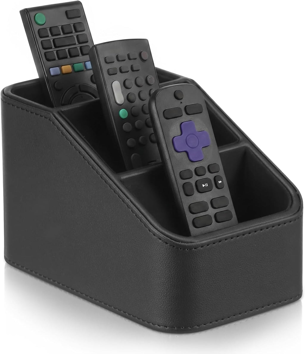 PU Leather Remote Control Holder, TV Remoter Caddy Desktop, Remote Caddy Box with 3 Compartments for Nightstand Bedside Table Couch Desk, Small Storage Organizer for Glasses, Cosmetics, Office Supply