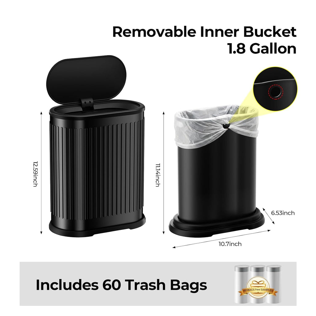 1.8 Gallon Small Bathroom Trash Can with Lid, Press-Top, Black