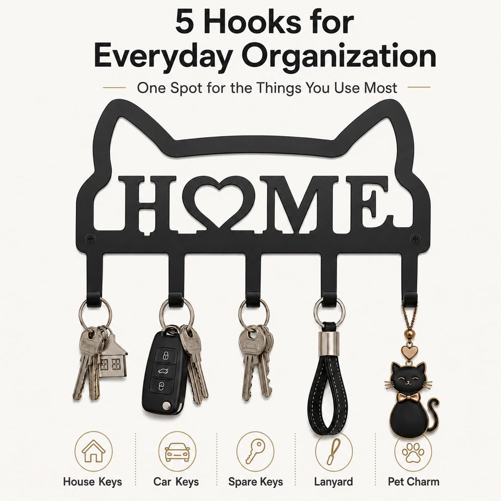 Cat Key Holder for Wall, Metal Key Rack with 5 Hooks, Cute Cat-Shaped Wall Mounted Key Organizer, Decorative Key Hanger for Entryway, Hallway, Kitchen, Home Decor, Gift for Cat Lovers