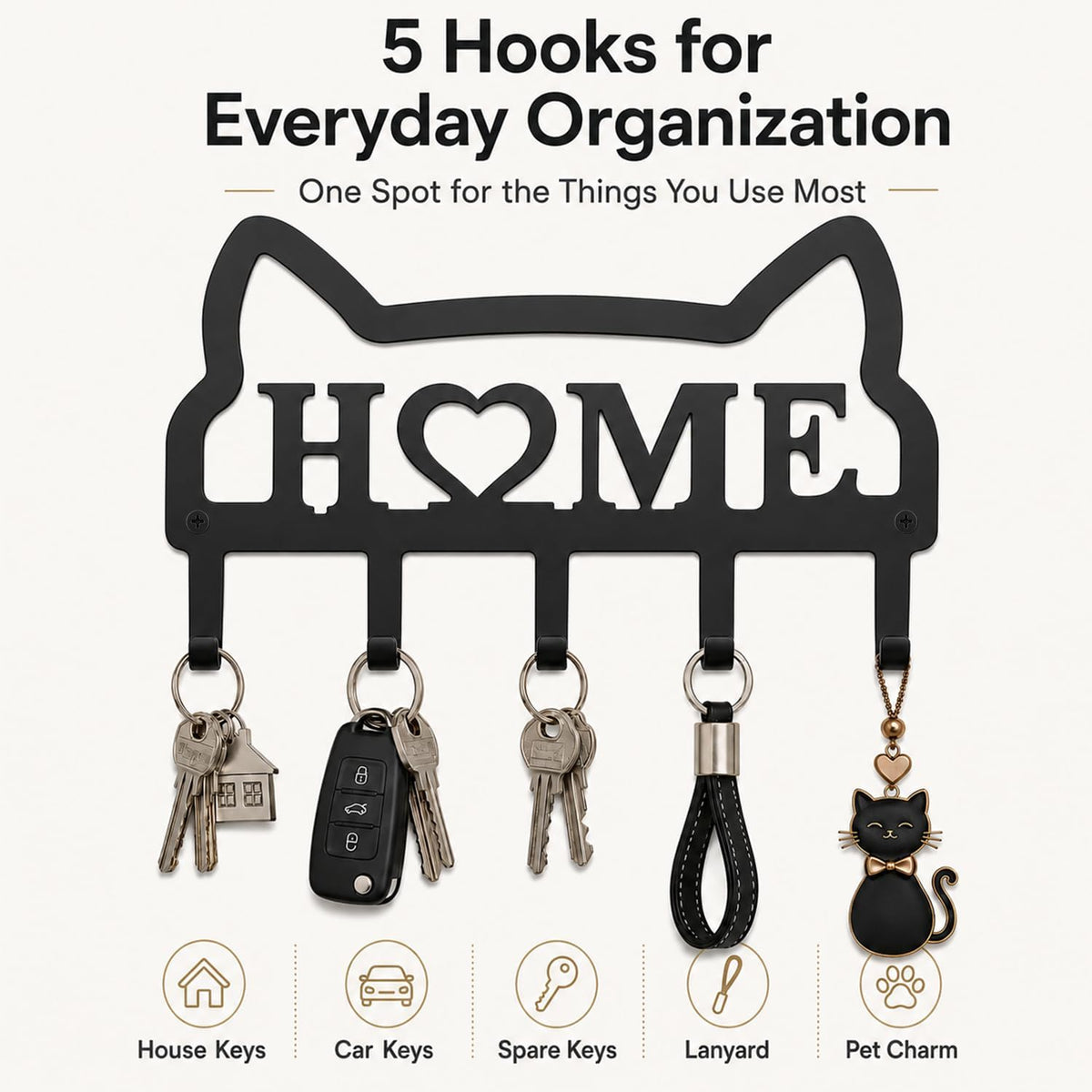 Cat Key Holder for Wall, Metal Key Rack with 5 Hooks, Cute Cat-Shaped Wall Mounted Key Organizer, Decorative Key Hanger for Entryway, Hallway, Kitchen, Home Decor, Gift for Cat Lovers