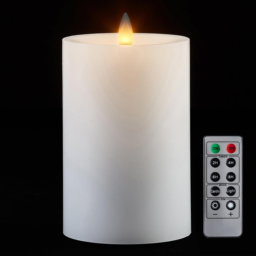 Flameless Pillar Candles Flickering with Remote Timer, Battery Operated LED Candles Up to 400 Hours, 3D Moving Flame Real Wax Candles, D4 x H6, Remote Included (White, 4inx6in)