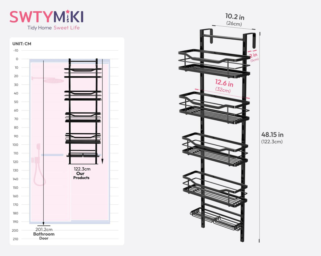 SWTYMIKI Over the Door Shower Caddy - 5 Tier Adjustable Shower Organizer Hanging with Soap Holder, No Drilling Stainless Steel Bathroom Rack Hanging for Body Wash, Shampoo, Soap, Razor, Black