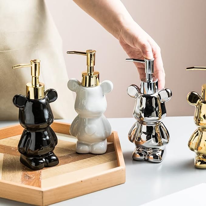 Small Bathroom Soap Dispenser with Pump, Cute Bear Design(White)