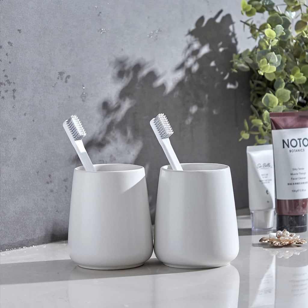 White Toothbrush Holder for Bathroom - 2Pcs Ceramic Tooth Brushing Holders Set, Toothbrush Cup & Toothpaste Organizer for Bathroom Countertop, Makeup Brush Holder, Pen Holder for Home Desktop Storage